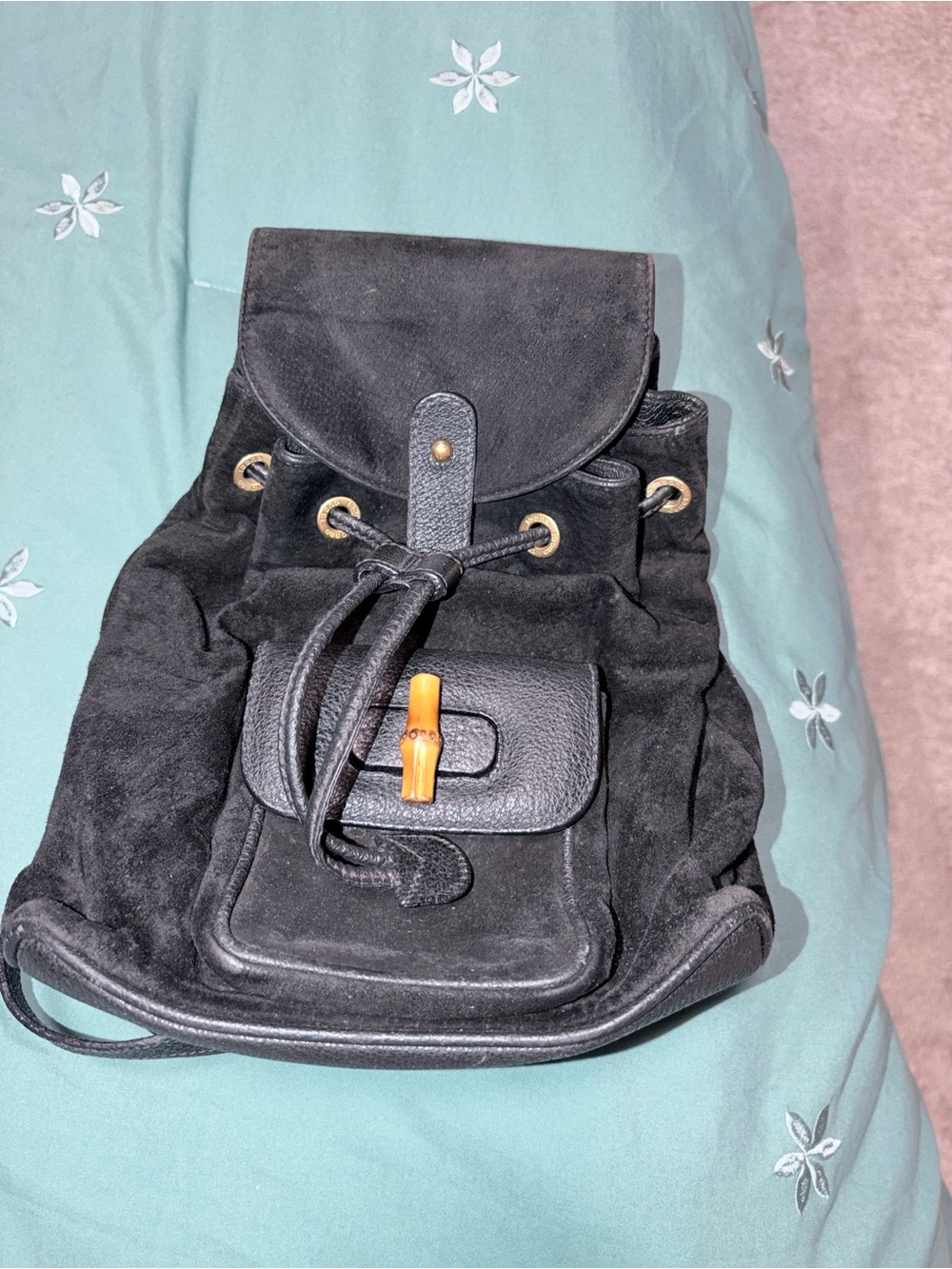 Gucci Black Suede Drawstring Backpack with Bamboo Toggle